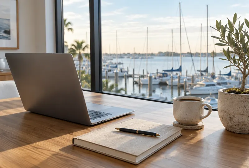 A desk by a large window with a laptop, a notebook and a coffee, and sailboat masts in the marina beyond