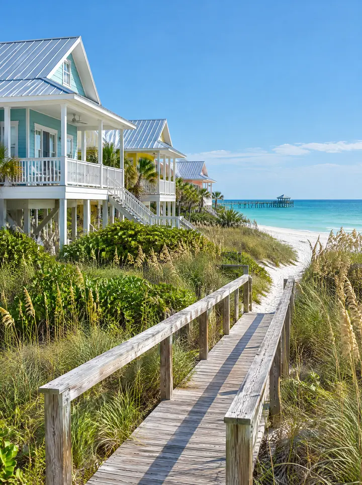 Pastel beach cottages on stilts above a wooden boardwalk through sea oats on Anna Maria Island