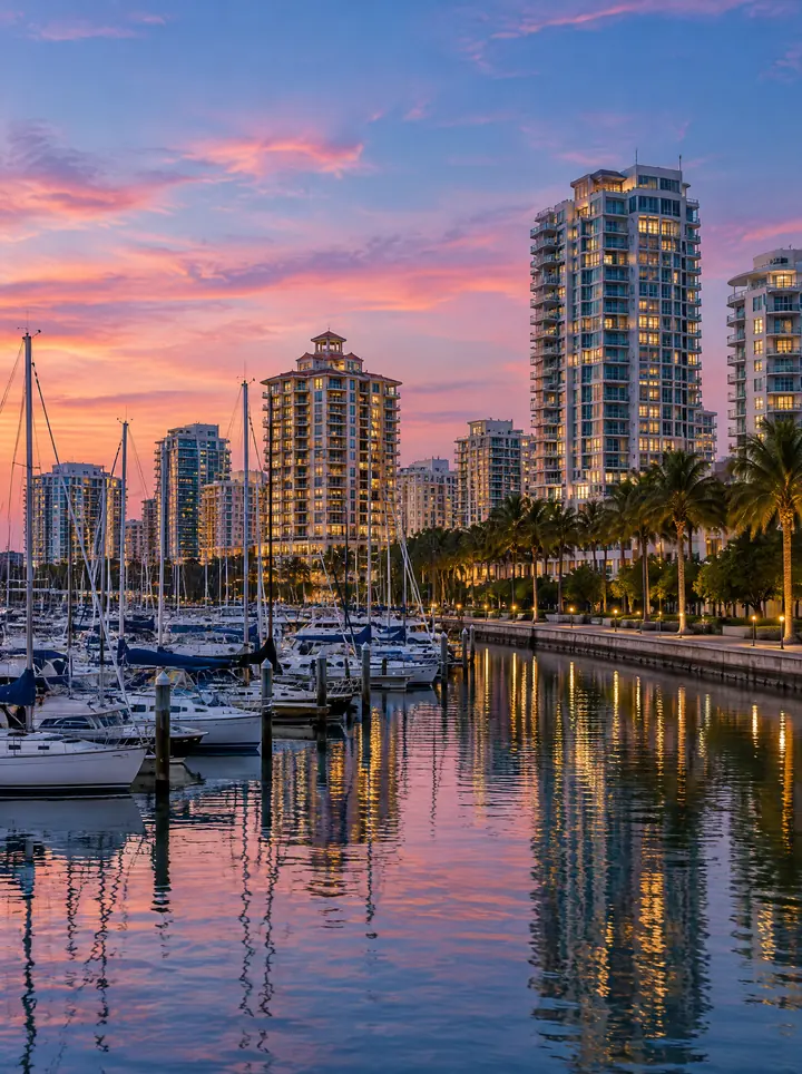 The downtown Sarasota bayfront at dusk, with a marina full of masts and lit residential towers