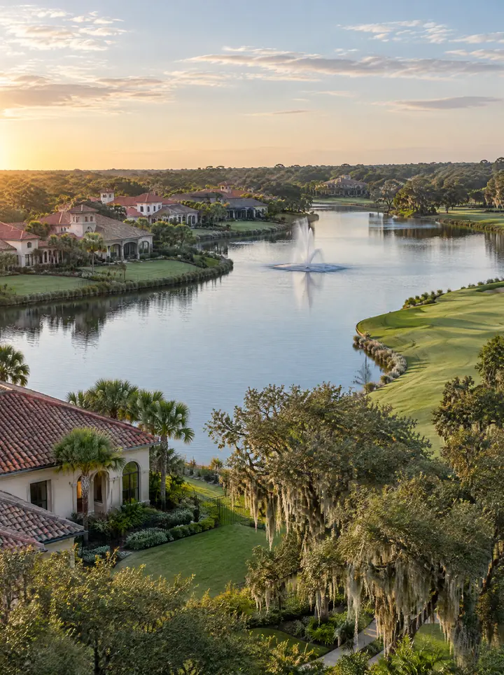 A lake with a fountain in Lakewood Ranch, with tile-roofed homes, live oaks and a golf fairway at the edge