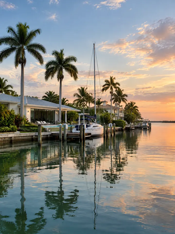 A deep-water canal on Longboat Key at sunset, with waterfront homes, docks and a moored sailboat