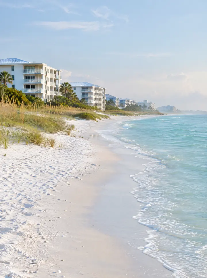 Powder-white sand and turquoise Gulf water at Siesta Key, with low-rise beachfront condominiums behind the dunes