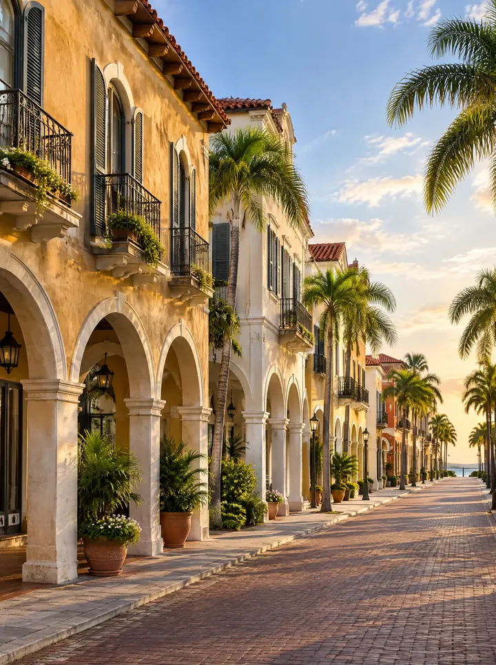 A palm-lined brick street in historic Venice with arcaded, ochre Northern Italian style buildings