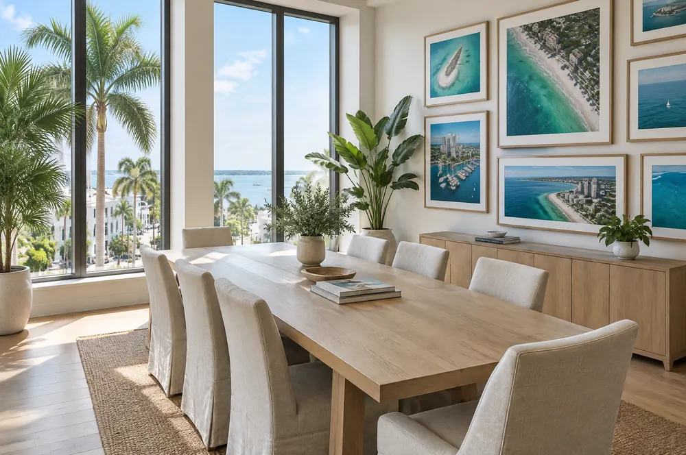 The Beacon office: a long oak table, linen chairs and tall windows onto palms and the bay