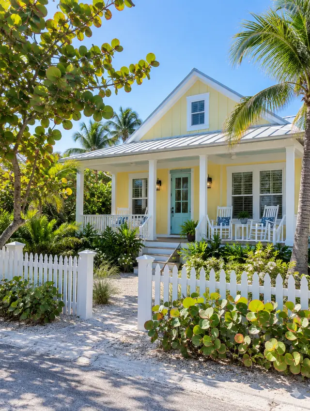 A yellow beach cottage with a deep porch and a picket fence