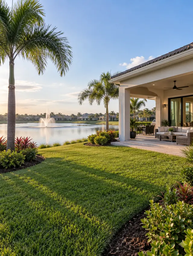 A lakefront home with a covered lanai and a fountain on the water