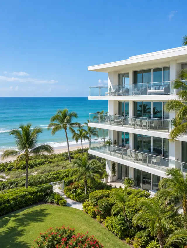 A low-rise Gulf-front condominium building with wide terraces