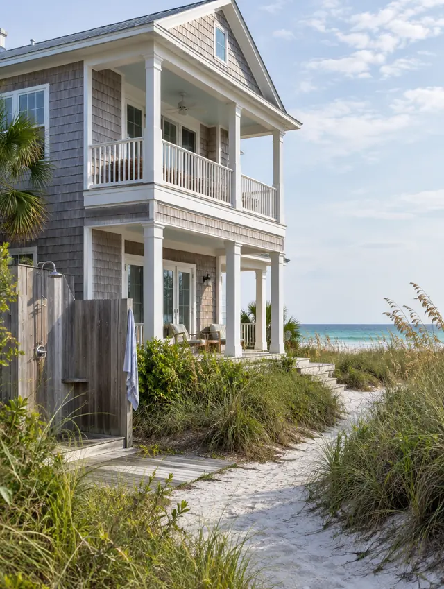 A shingled two-story beach house behind the dunes