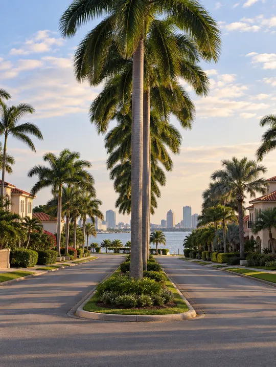 A palm-lined island boulevard with tile-roofed houses and the Tampa skyline across the water