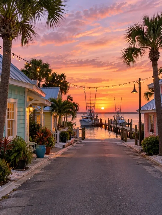 A small waterfront town street at sunset, with pastel cottages, string lights and a pier with boats at the end