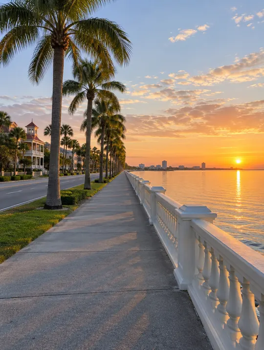 A white balustrade and wide sidewalk along Bayshore Boulevard, tall palms and calm Tampa Bay glowing at sunrise