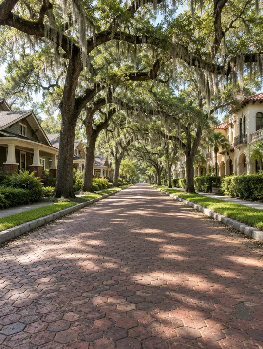 A hexagon-block brick street under a canopy of live oaks with Spanish moss, Craftsman bungalows and a Mediterranean villa on either side