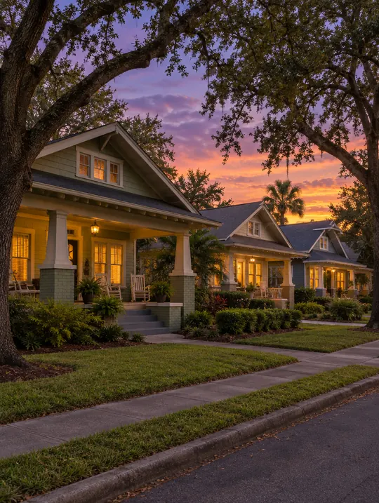 A street of Craftsman bungalows at dusk, with big front porches, warm lit windows and shade trees under a violet and orange sky
