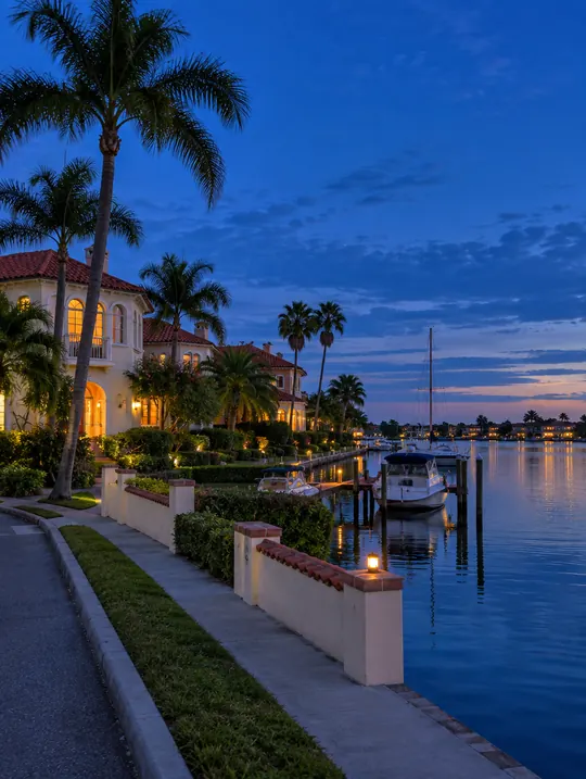 A quiet waterfront street on Snell Isle at blue hour, with tile-roofed houses behind low walls, palms and boats on the bayou