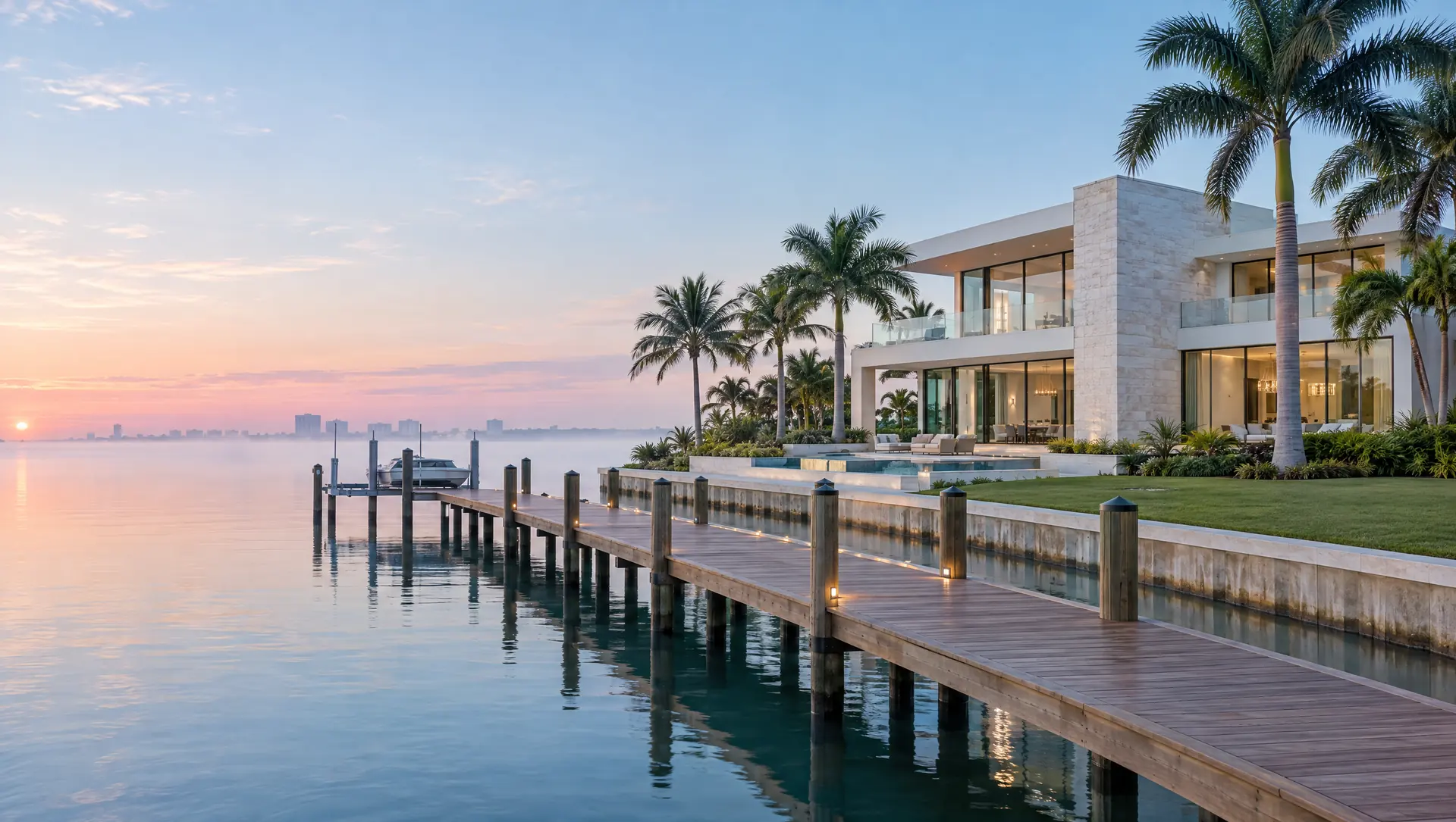 A modern waterfront home with a long teak dock on Tampa Bay at sunrise