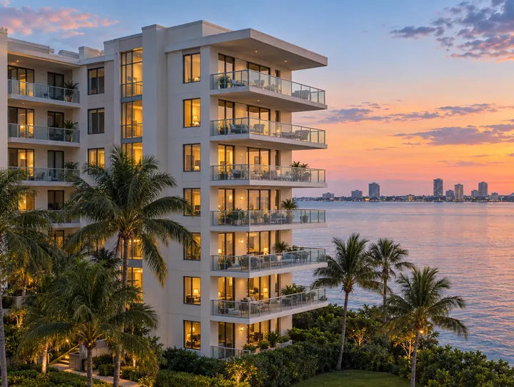 A mid-rise coastal condominium with glass balconies and warm lit windows at dusk, palms in the foreground