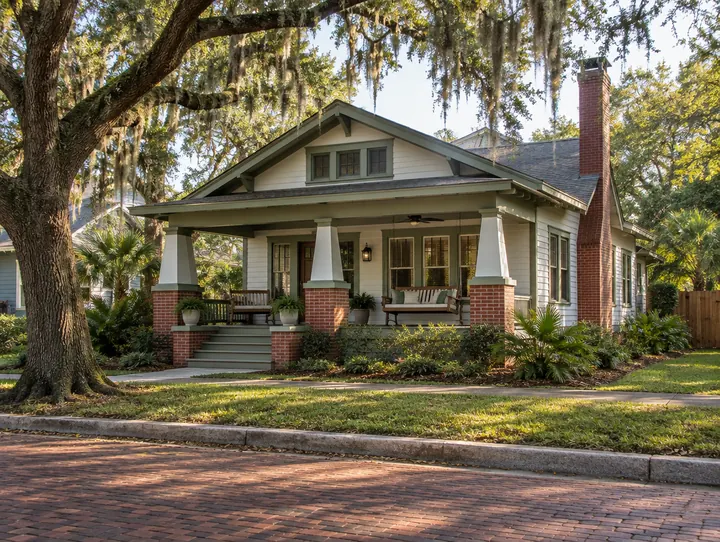 A white Craftsman bungalow with sage-green trim, a deep porch and a brick chimney under a live oak, on a brick street