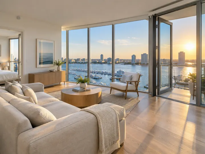 A bright condo living room with floor-to-ceiling windows and an open balcony door above a marina full of sailboats