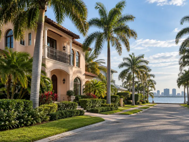 A peach stucco two-story house with a clay tile roof and a wrought iron balcony on a palm-lined boulevard, water at the end of the street