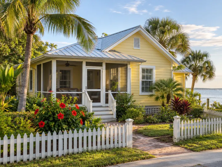 A small butter-yellow cottage with a metal roof, a screened porch, a picket fence and hibiscus in bloom
