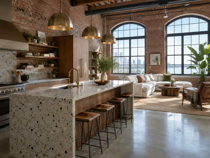 A loft in a converted brick building with tall arched steel windows, a terrazzo kitchen island and brass pendant lights