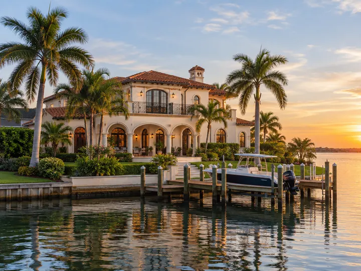 A cream stucco Mediterranean house with a red tile roof and a private dock on calm bay water at golden hour