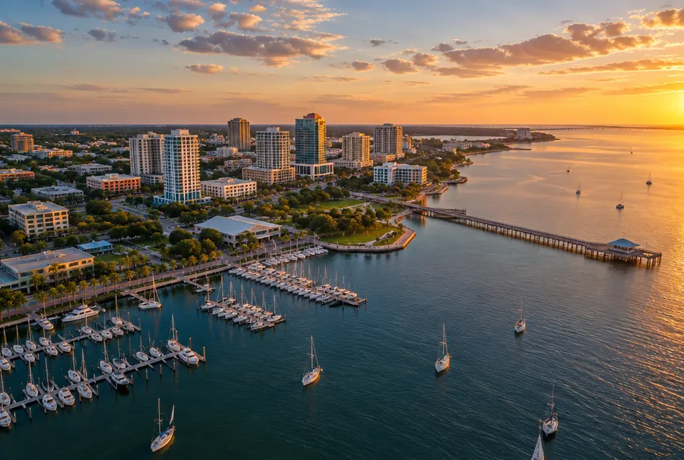 An aerial view of the St. Petersburg waterfront at sunset, with a marina, a long pier and the downtown skyline