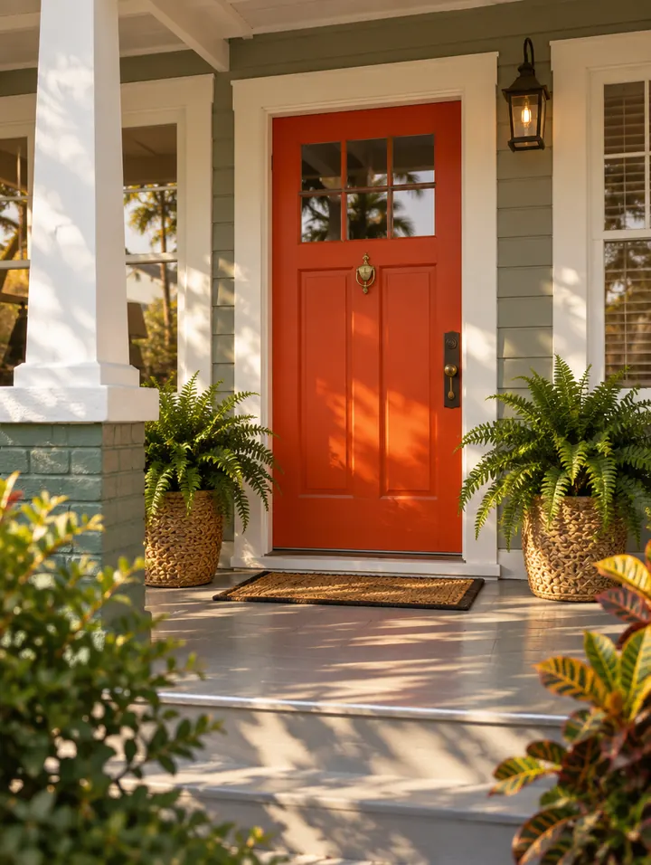 The front door of a 1920s bungalow beneath a deep porch, with ferns in pots either side