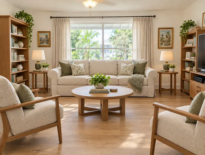 The same living room after preparation, cleared and bright, with open curtains, light wood floors and a simple sofa arrangement