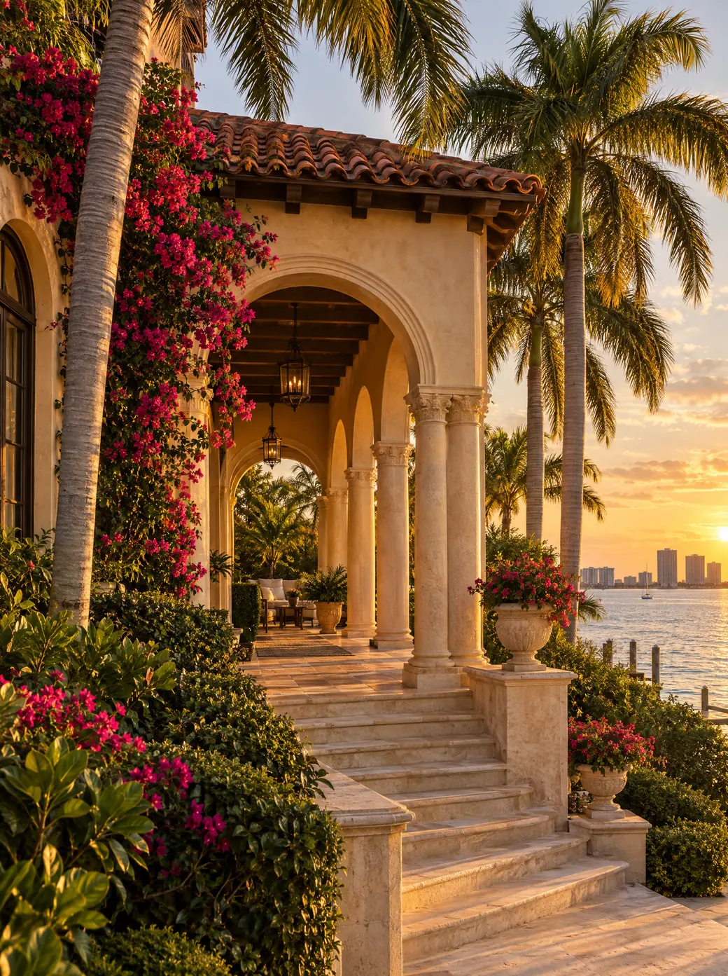 A Mediterranean-revival villa with a stone loggia and bougainvillea, seen at golden hour