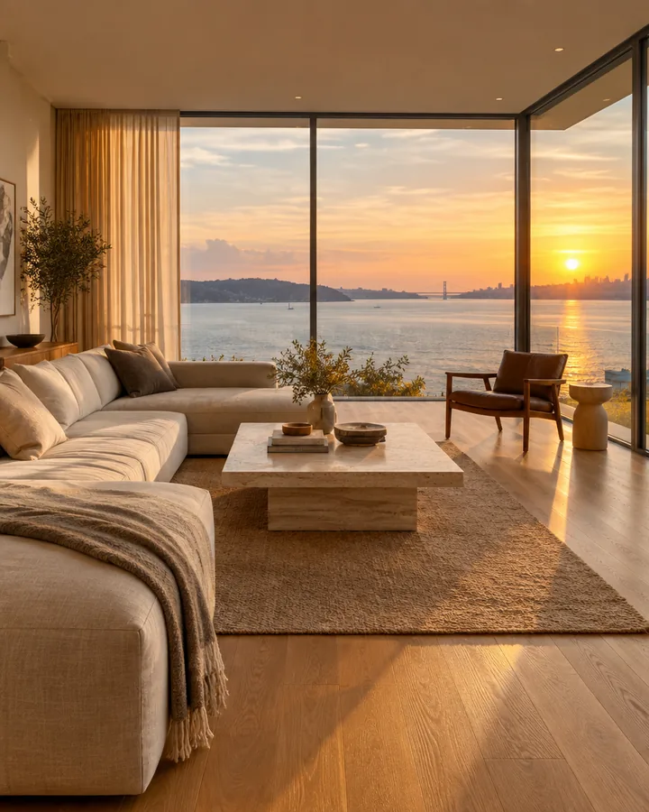 A bright living room with floor-to-ceiling glass facing the bay at sunset