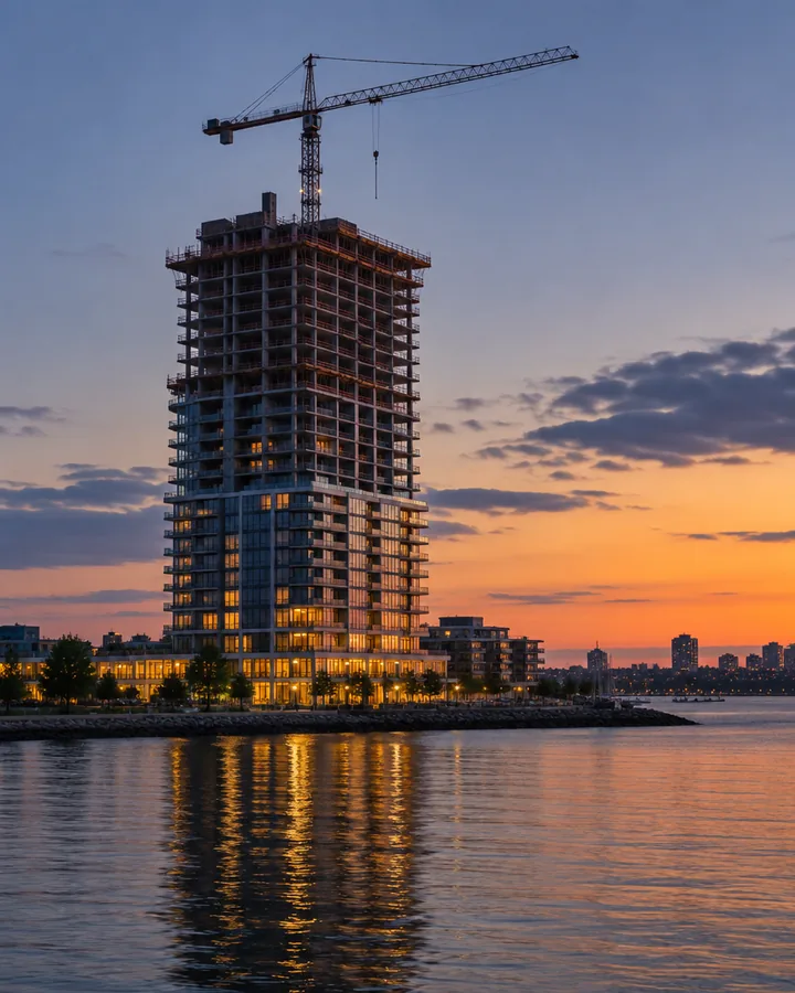 A new waterfront residential tower rising at dusk with a crane above it