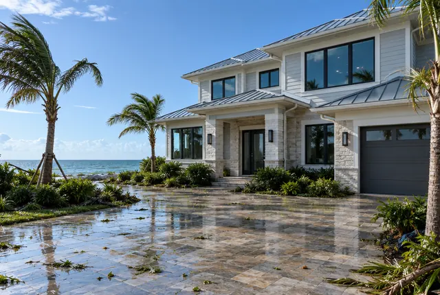 A modern coastal home with large impact windows under a clear sky after a storm