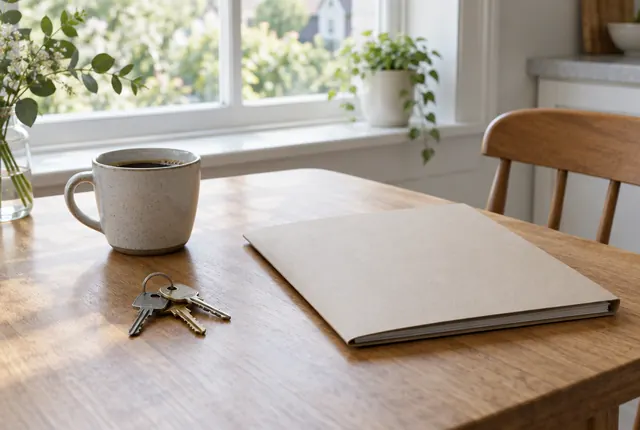 A kitchen table by a bright window with a set of house keys, a coffee cup and a closed folder