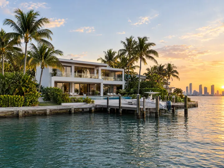 A modern white two-story house on the water with a private dock, palms and the skyline at sunset