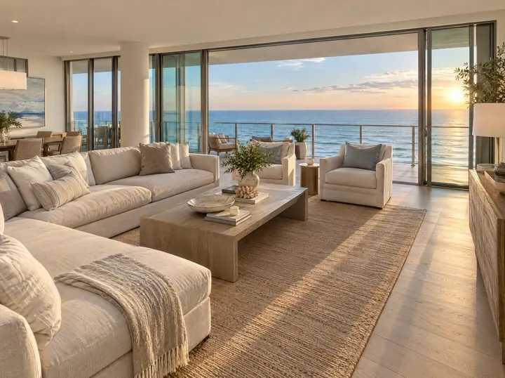A living room with floor-to-ceiling glass doors open to a balcony over the ocean