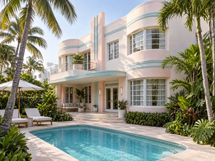 A renovated Art Deco villa with curved corners, a courtyard pool and palms in morning light
