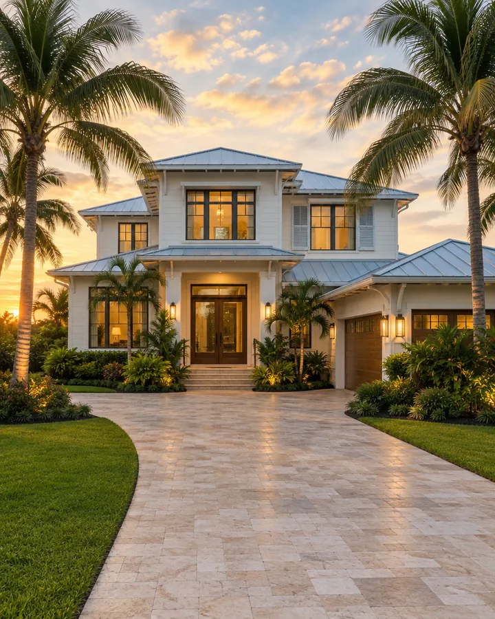 A modern coastal home at golden hour with a stone driveway and palms