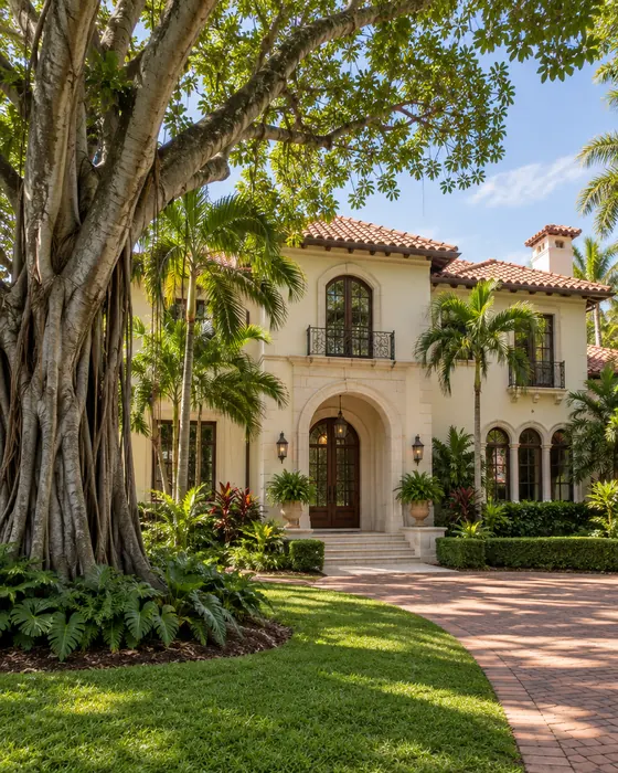 A Mediterranean revival villa with a tile roof and arched entry under a banyan tree