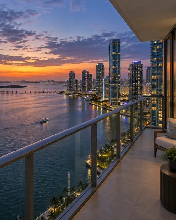 A high-floor balcony over Biscayne Bay at dusk with towers lit along the water