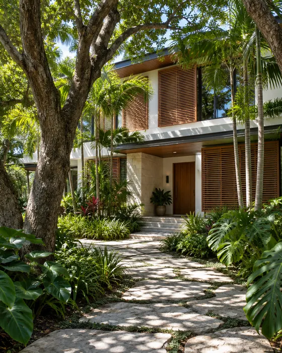 A modern house with wood shutters behind mature trees on a stone path