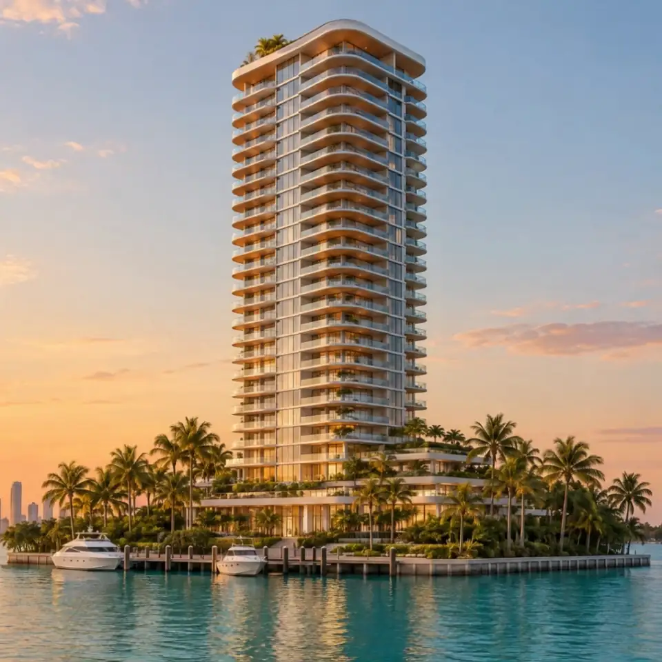 Spire seen from the water at golden hour, its terraces stepping down to a small marina