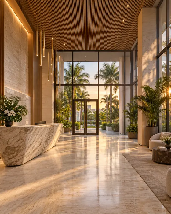 A double-height entrance with an oak-slat ceiling and a garden beyond the glass doors