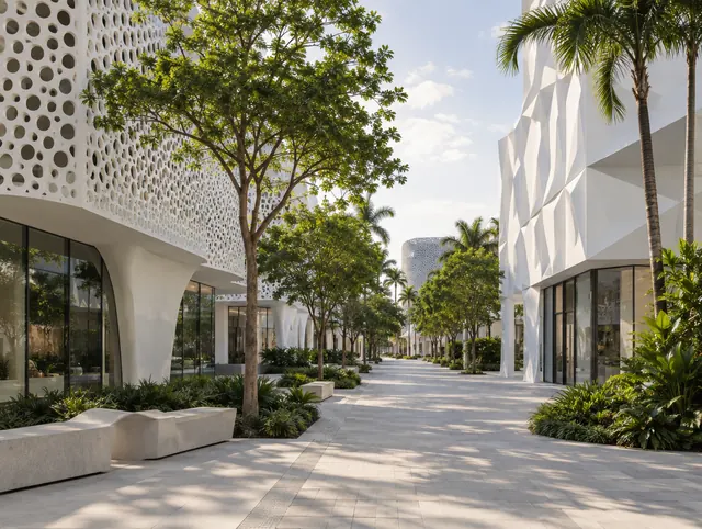 A pedestrian plaza in the Design District, with sculptural white buildings, perforated screens and street trees