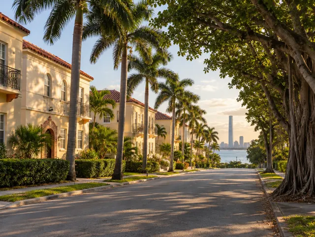 A quiet Edgewater street of 1920s Mediterranean revival apartment buildings under royal palms and banyans, with a tower on the skyline
