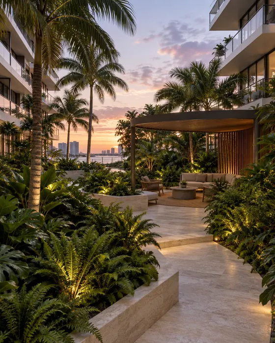 A podium garden with layered tropical planting, pale stone paths and a timber pergola at dusk