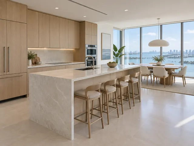 An open kitchen with a pale stone island and oak cabinetry beside large bay windows