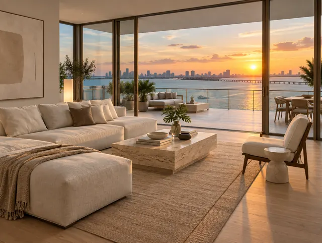 A living room with floor-to-ceiling glass and a deep terrace facing Biscayne Bay at sunset