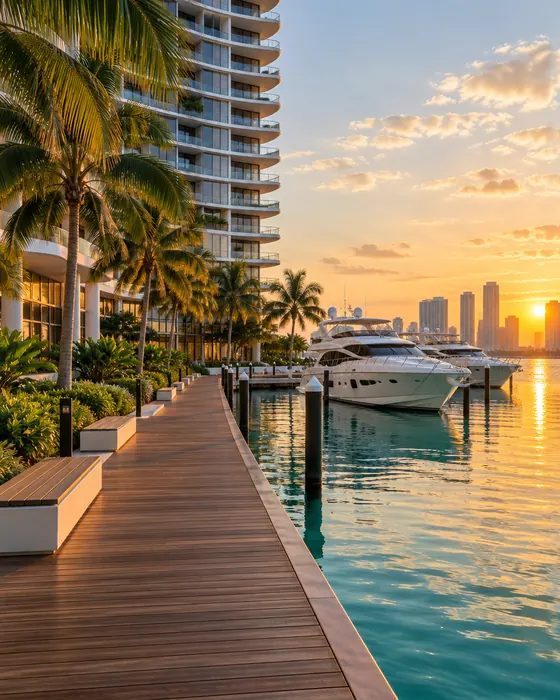 A timber boardwalk along the marina with white boats moored on calm turquoise water at golden hour