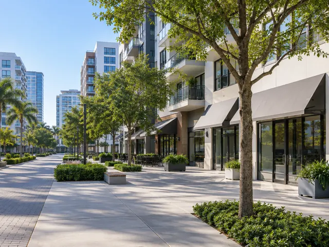 A Midtown plaza with mid-rise apartment buildings, ground-floor shops with awnings and street trees